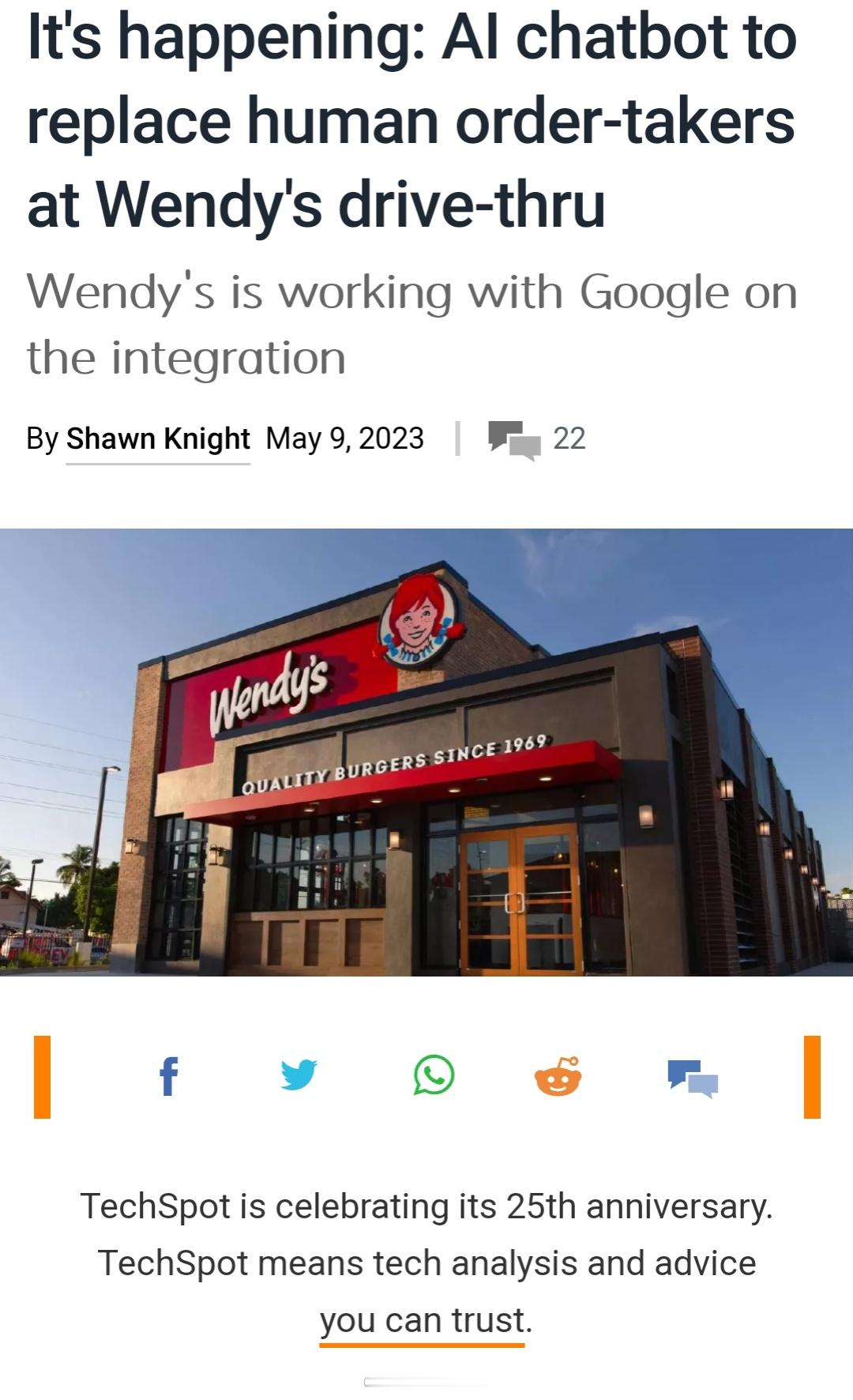 美式汉堡连锁店Wendy's开始测试，用AI语音聊天机器人在Drive-thru