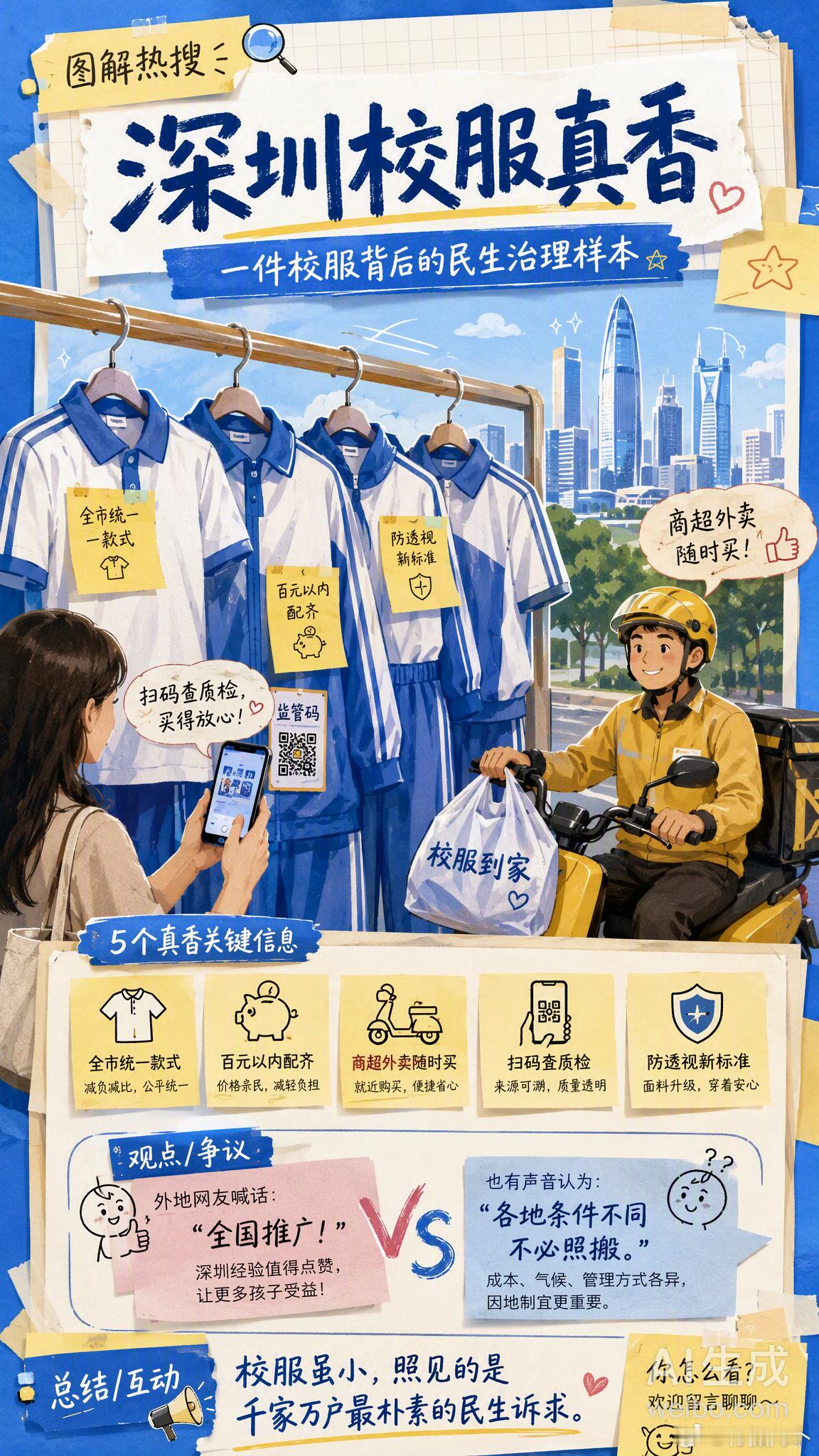 深圳校服为什么引发网友共鸣 这件蓝白校服到底香在哪？🔹 全市统一款式，不分学校