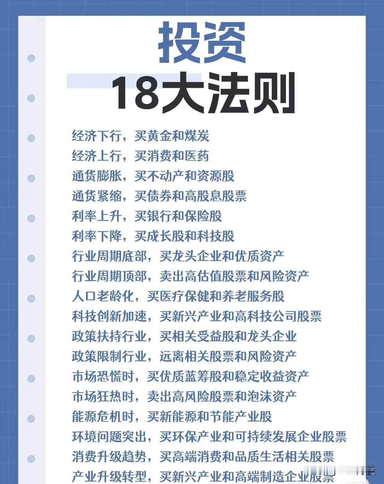 一、经济周期应对策略

1. 经济下行
   - 买入黄金（避险资产）和煤炭（需