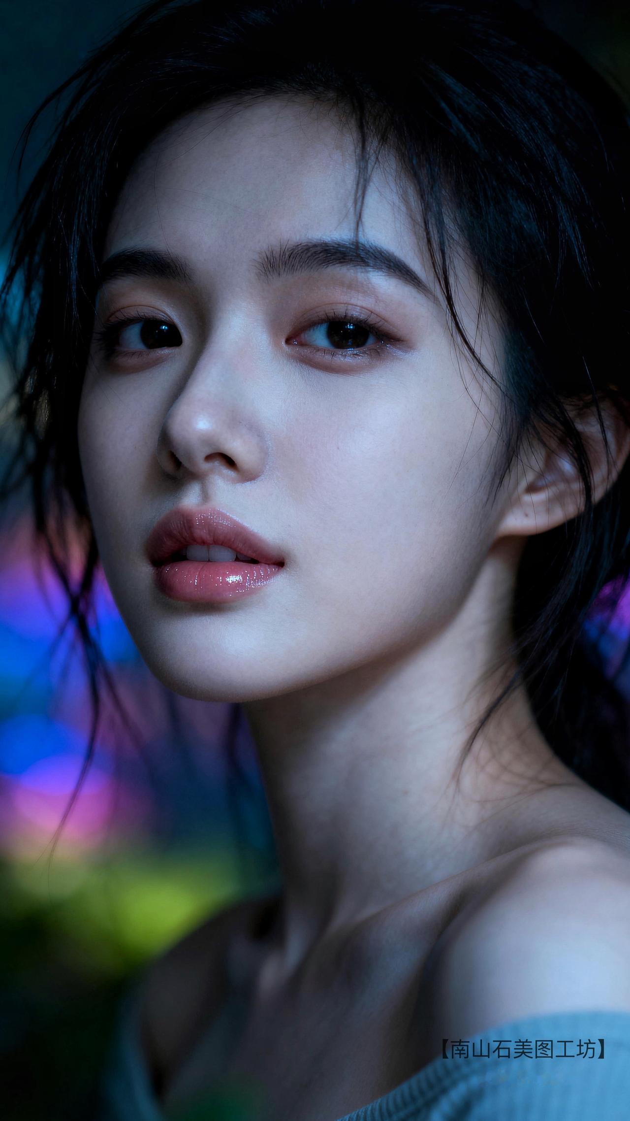 霓虹与暗调交织，她发丝轻扬似风吻过，裸肩漾出慵懒优雅。眼若星子，唇如晨樱，每寸轮
