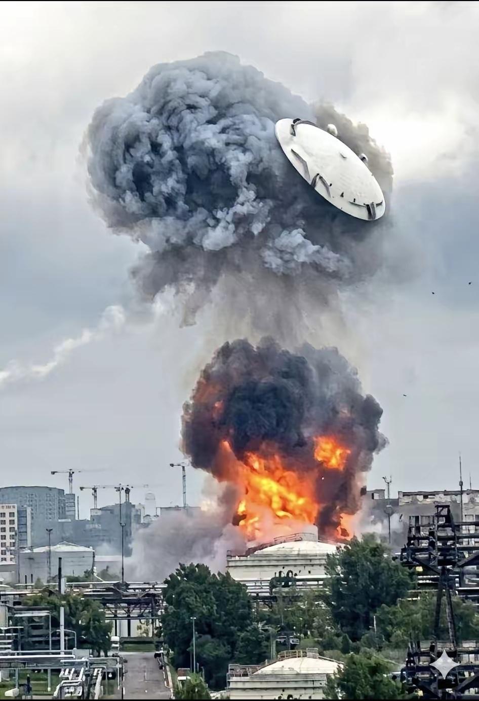 一个油罐盖被炸得高高飞起，绝对称得上是记录俄乌战争的经典镜头之一。

这个情景出