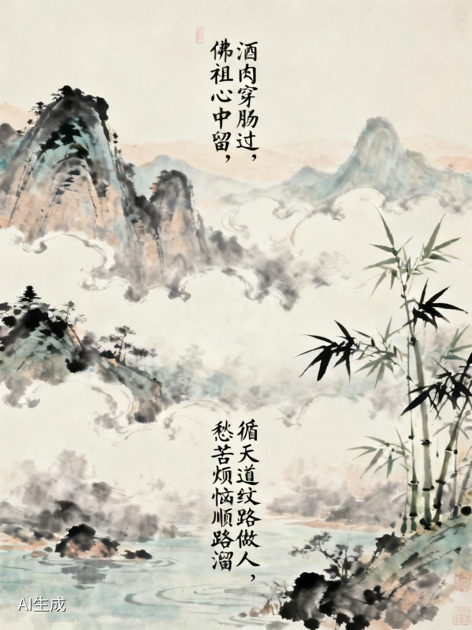 酒肉穿肠过，佛祖心中留。循天道纹路做人，愁苦烦恼顺路溜。