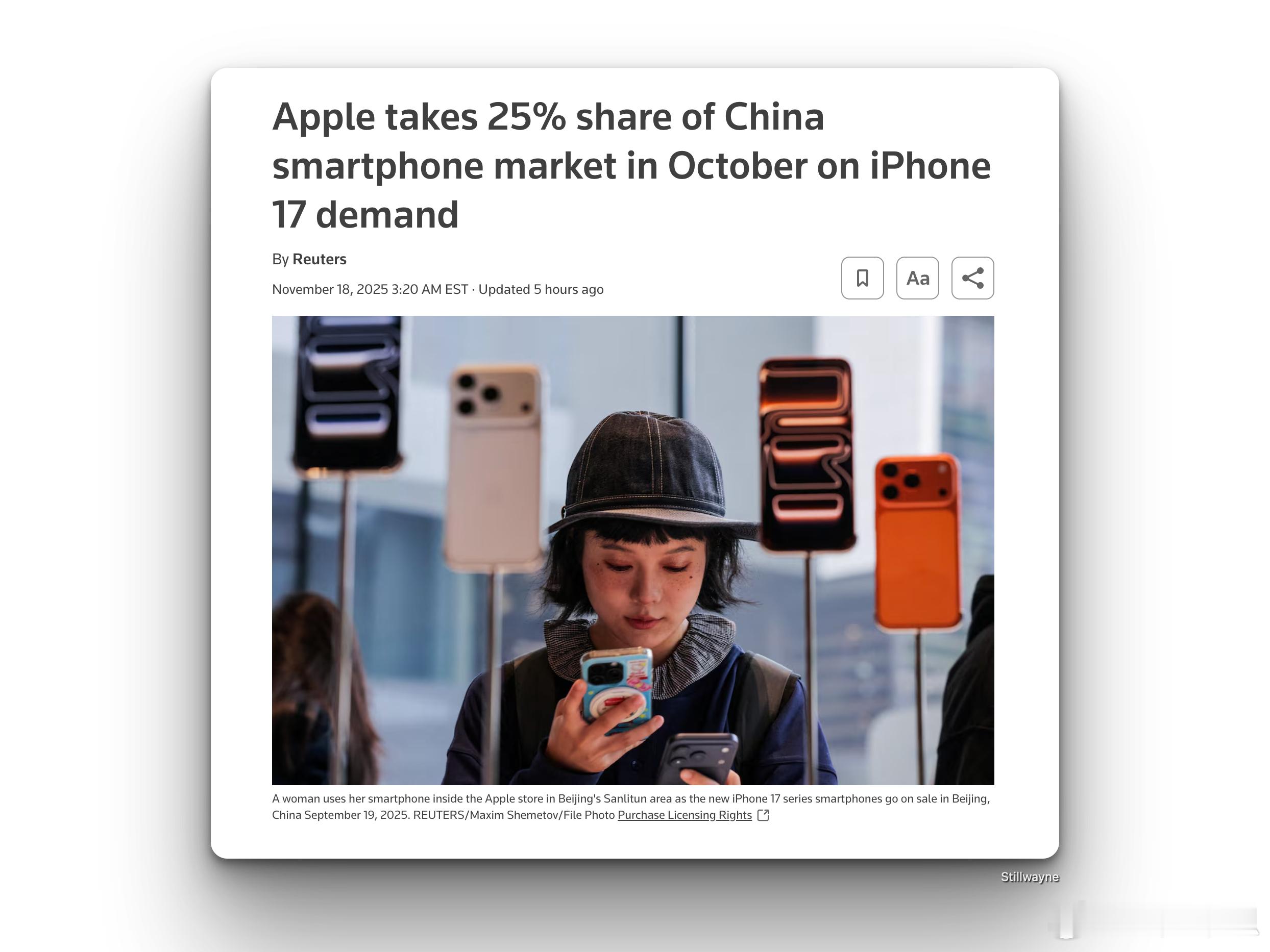 苹果 10 月销量较上年同期增长 37%，华为下降了 19%。市场研究公司 Co