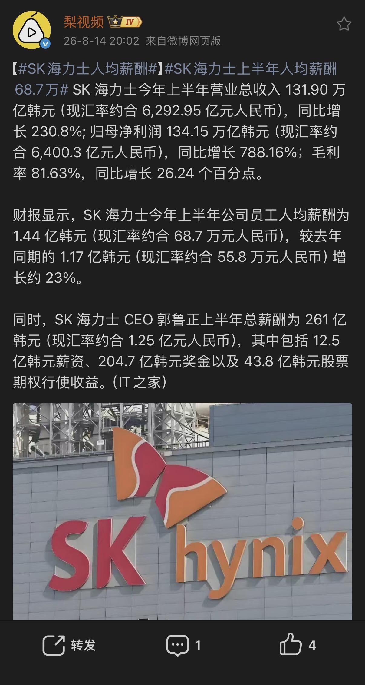 SK 海力士今年上半年公司员工人均薪酬约合 68.7 万元人民币，同比去年上半年