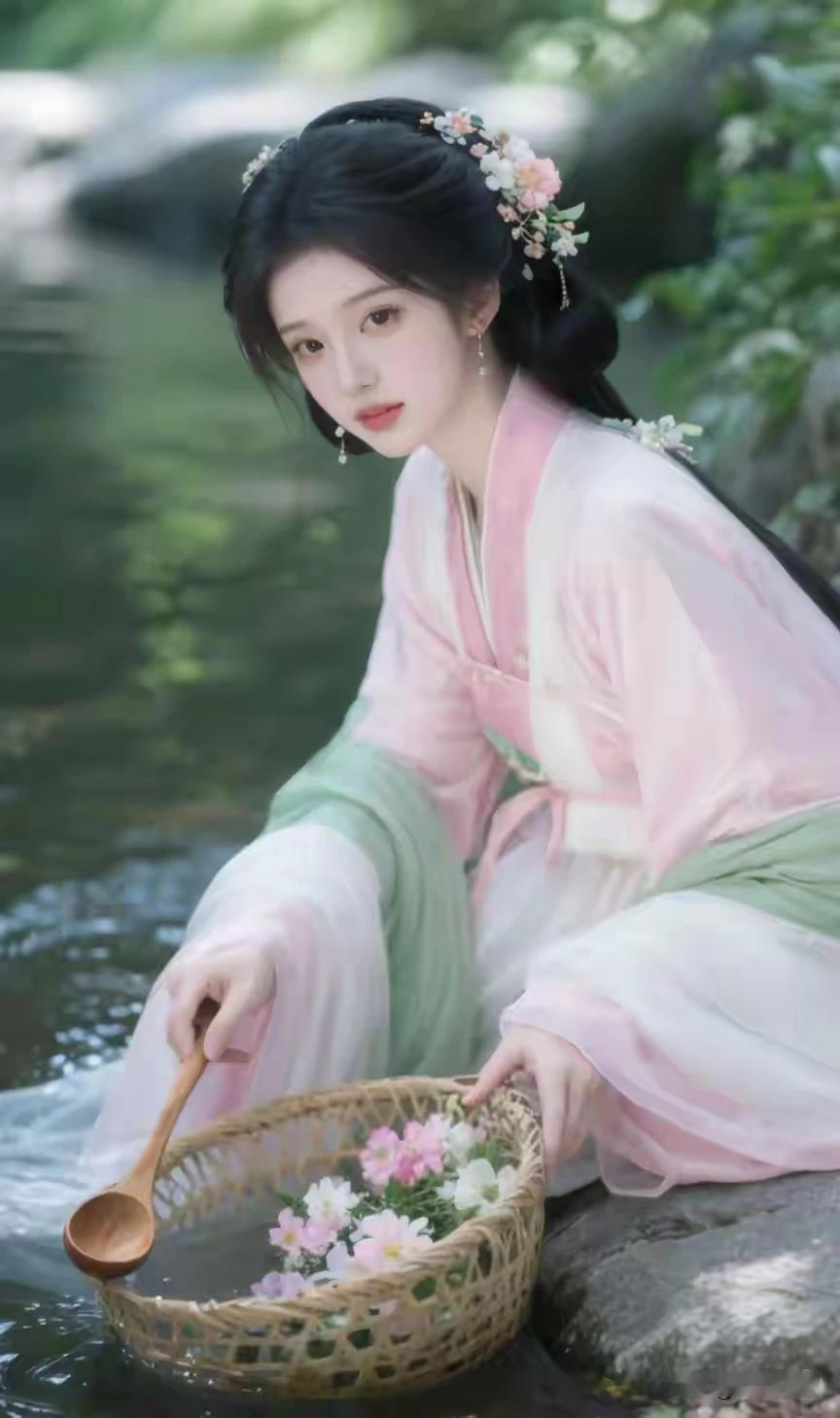 《浣晴》
青石苔深浣影香，
松风筛浪入篮筐。
鸟啼忽碎一溪玉，
玉手纤纤碧水凉。