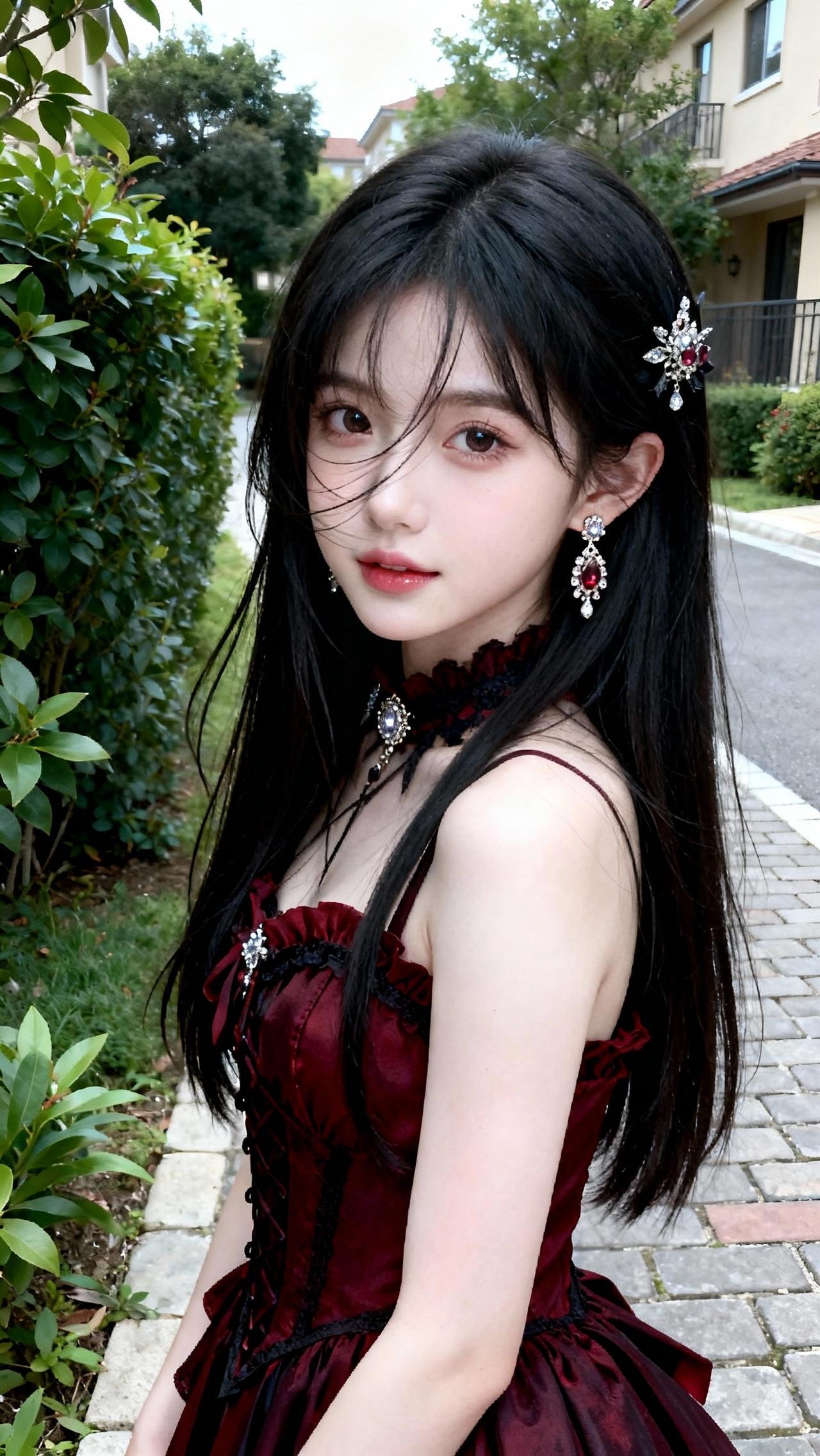 哥特风少女，黑发红裙，梦幻花园中。