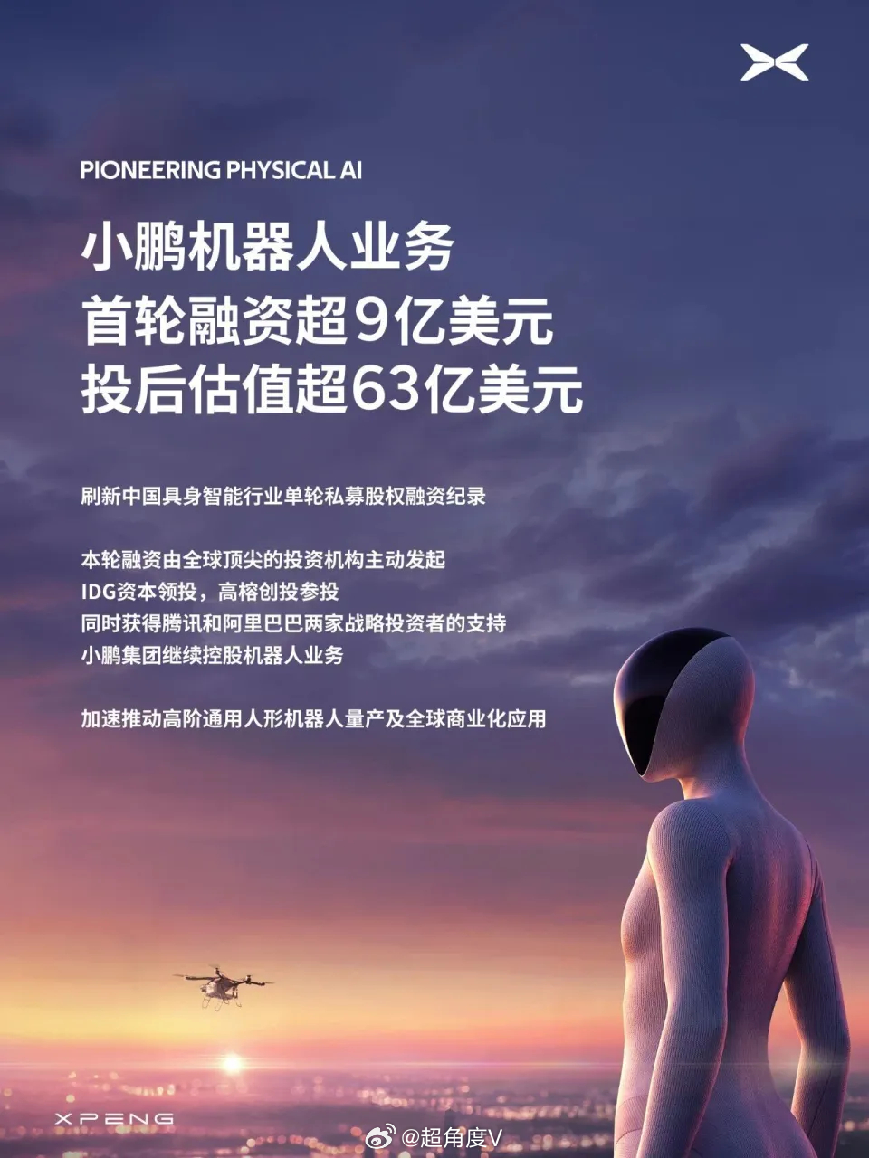 【小鹏机器人业务融资超9亿美元：IDG、腾讯、阿里等投资】小鹏集团（NYSE: 