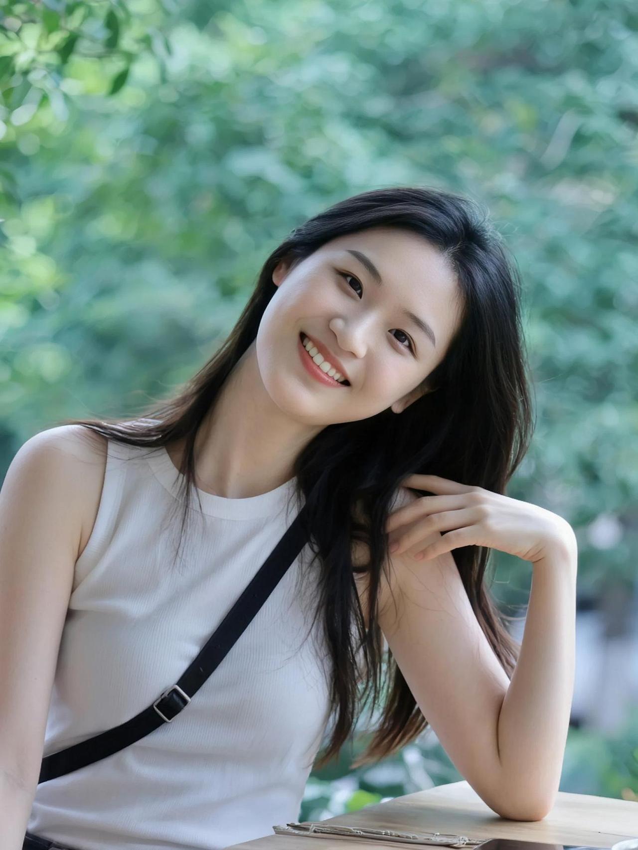她的笑容在绿叶间绽放，像是一束光穿透了日常的琐碎。这样随性的瞬间，不需要刻意的摆