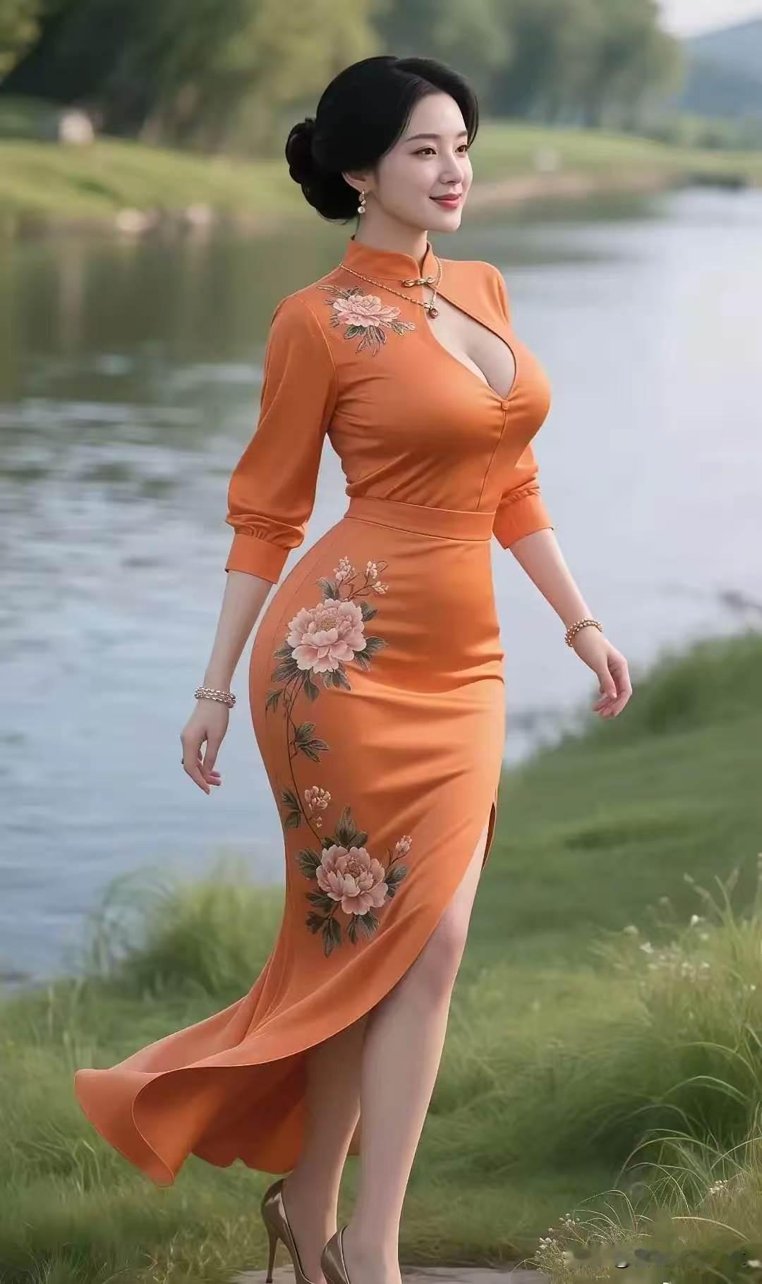一剪梅·橙衣倩影
 
橙袂裁云映碧流，绣缀牡丹，香绕肩头。
柳风轻拂鬓边秋，眉黛