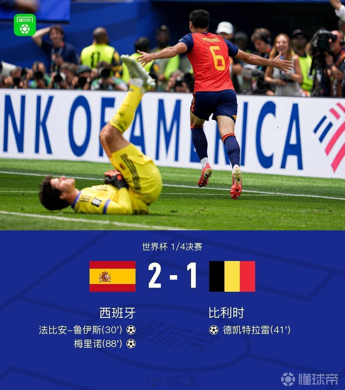 西班牙2比1比利时 世界杯1/4决赛，西班牙与比利时在洛杉矶体育场展开角逐，本场