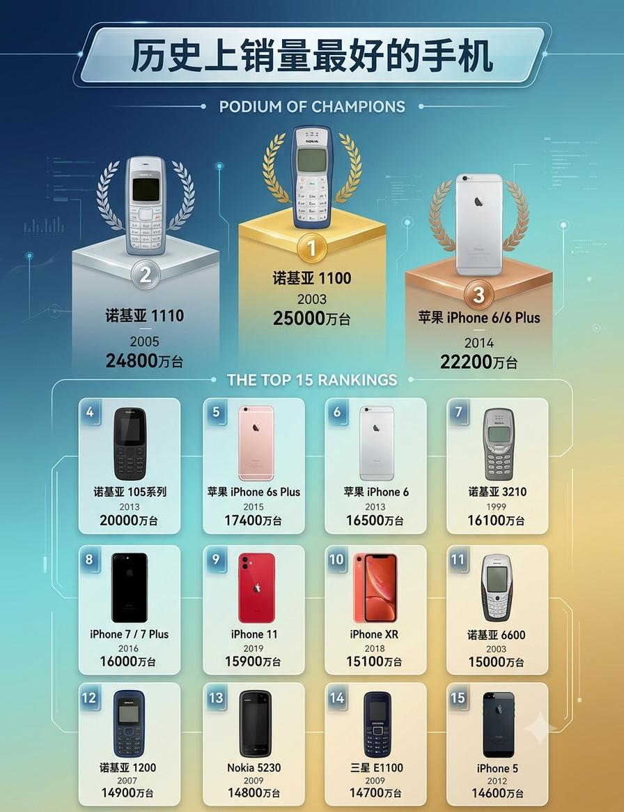 历史上销量最好的手机，诺基亚获冠亚军，季军是苹果
