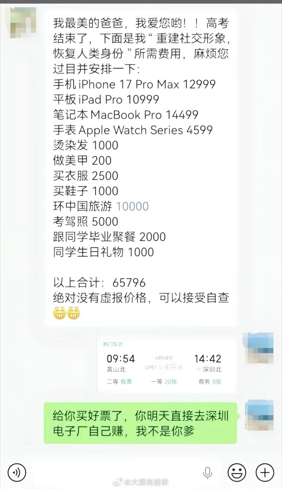 你只是高考完了不是家里发财了如果高考完真要很多东西，而家里条件又普通的话，我建议