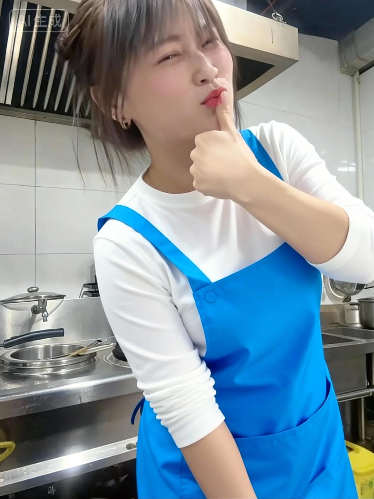 蓝裙美人笑，厨房香气飘。