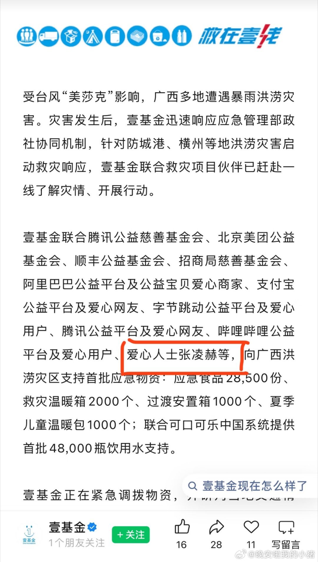 爱心人士张凌赫向广西灾区捐赠物资