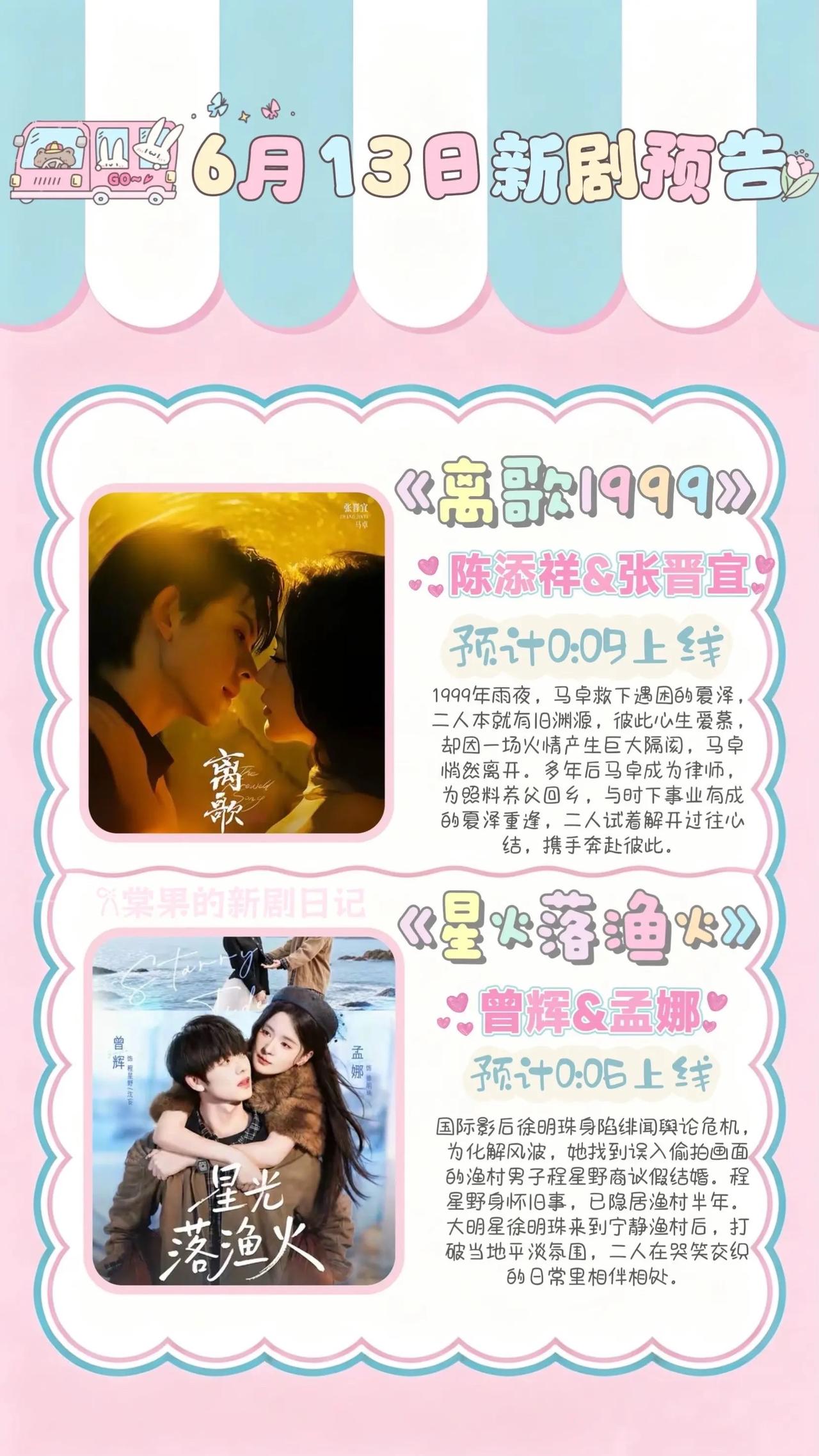 🔥📺6月13日新剧预告✨🔥

1.《离歌1999》🥂
主演：陈添祥、张晋
