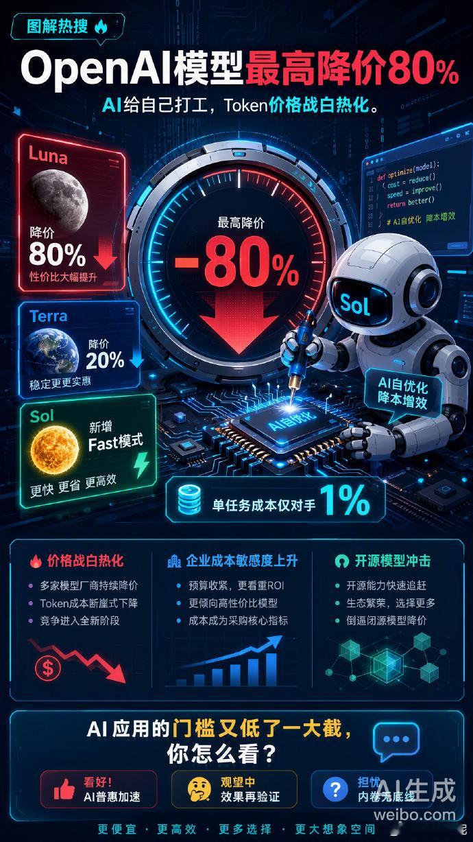 OpenAI模型最高降价80%OpenAI这次直接大刀阔斧降价，最高降幅足足80