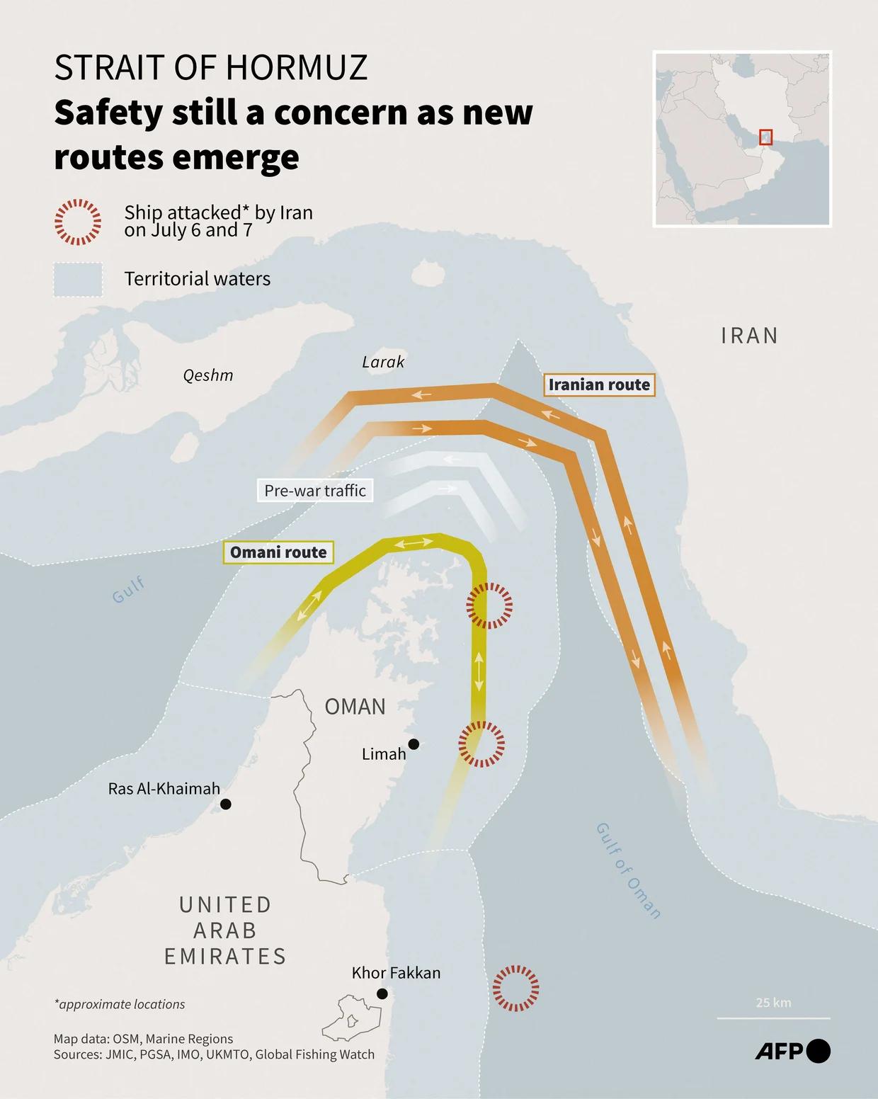 霍尔木兹海峡地图，显示阿曼协调的航运走廊、伊朗指定的走廊，以及7月6日和7日伊朗