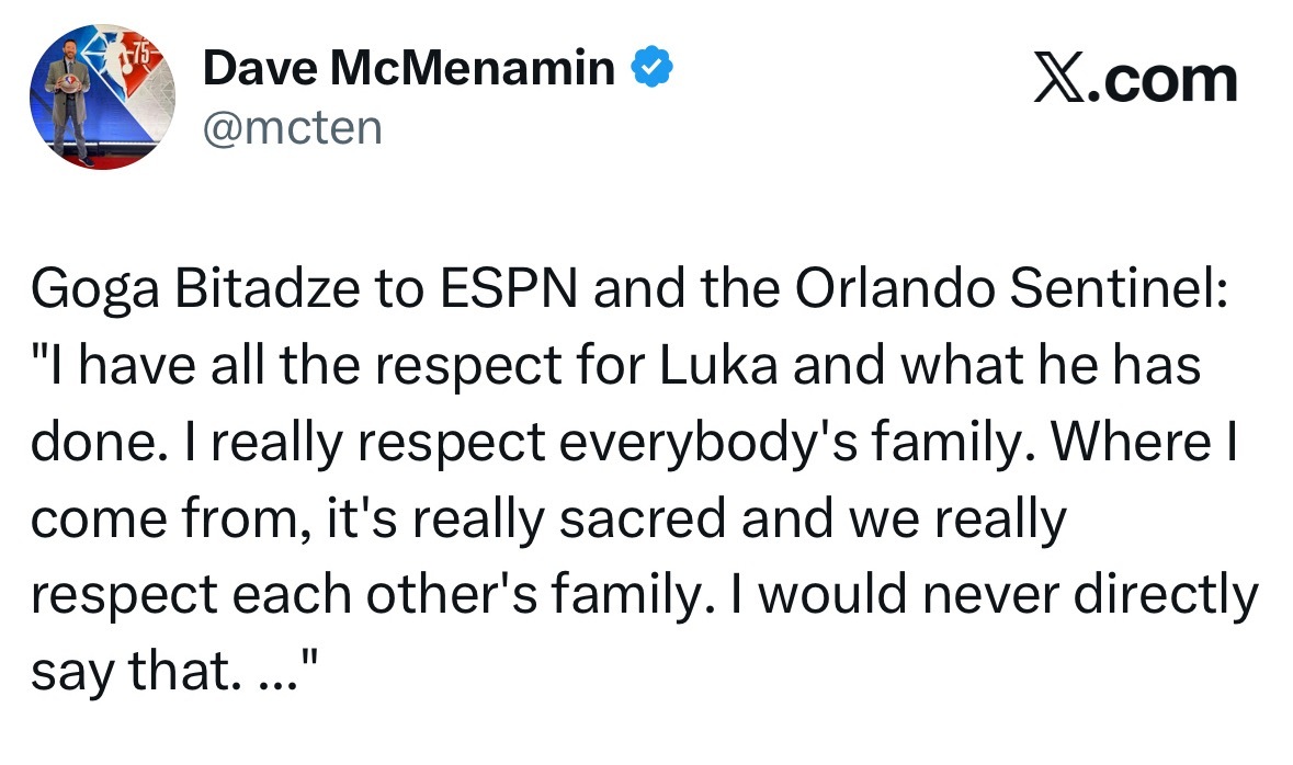 比塔泽在接受ESPN采访时表示：“我对东契奇以及他所取得的一切都满怀敬意。我真的