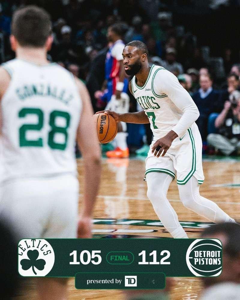 105：112主场负于活塞，没能缩小与分区第一的差距，杰伦34分8篮板7助攻，怀