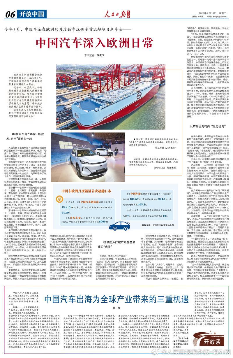 【今日#人民日报海外版导读# | 中国汽车深入欧洲日常】今日出版的#人民日报海外
