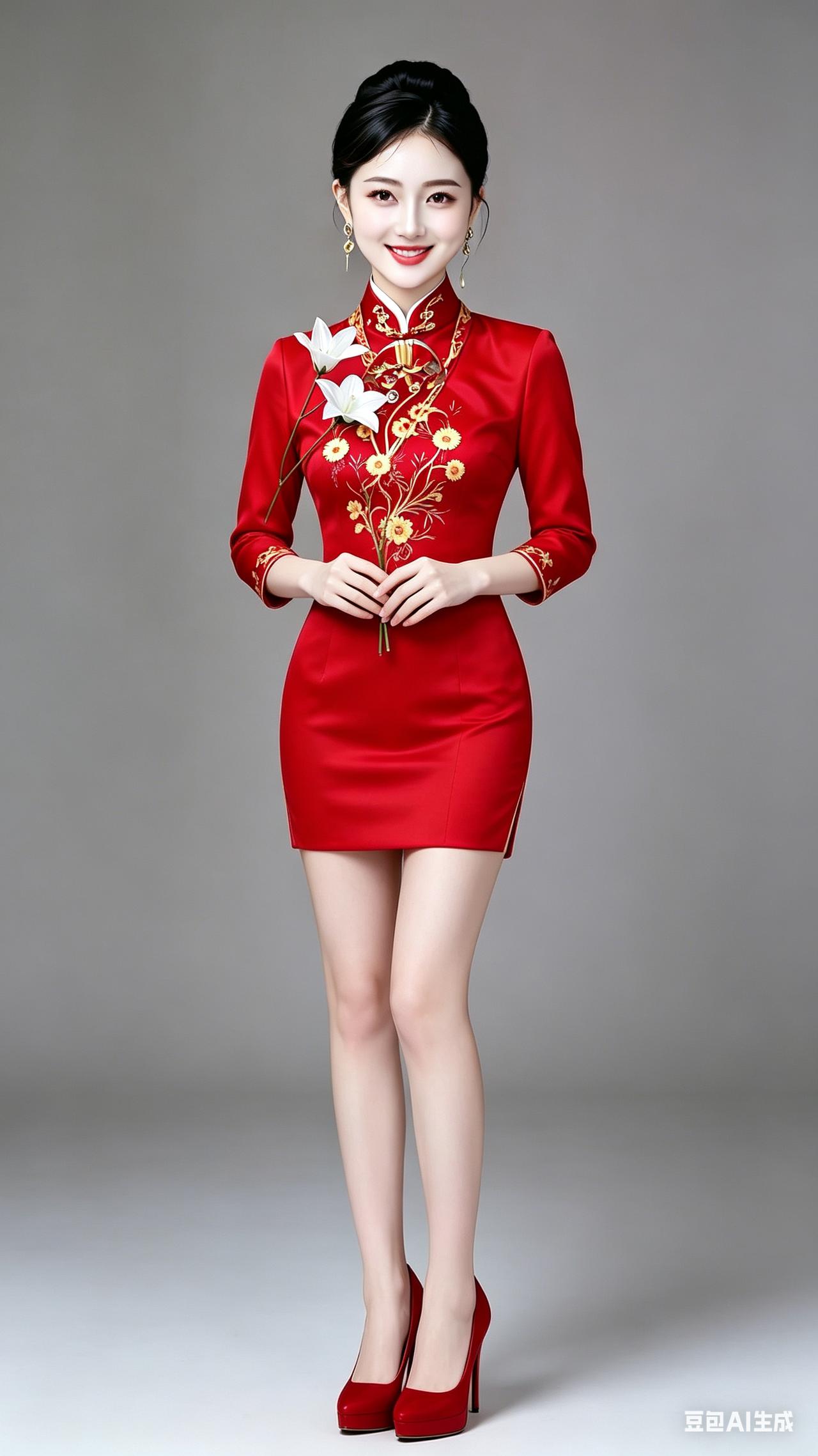 黑盘发少女身着金线刺绣红中式长裙，同色系红高跟，身姿挺拔纤腰长腿，衣料发丝细节分