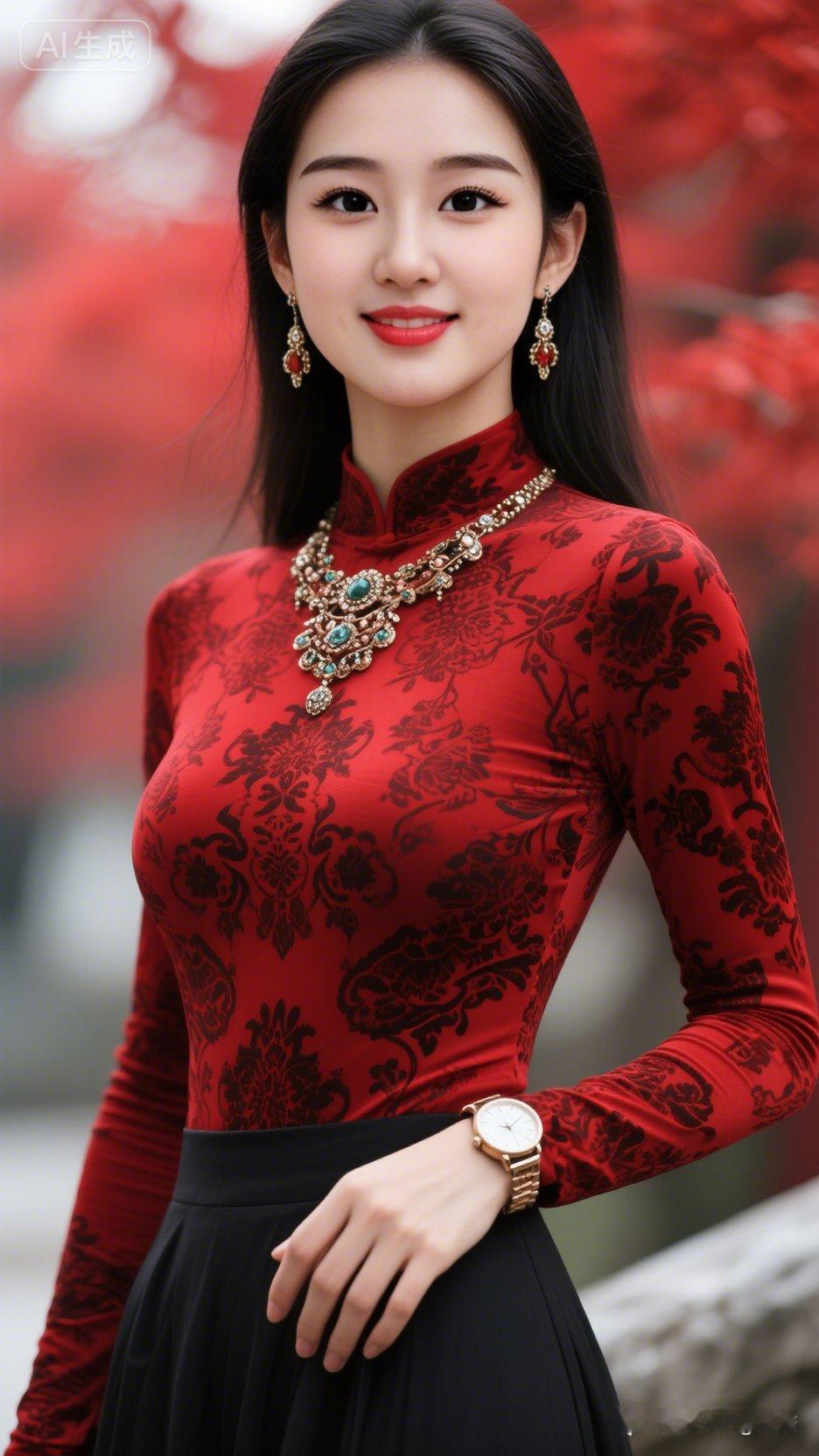 东方美学女神，酒红色紧身宫廷花纹打底衫，傲人身材，精致冷艳妆容。目光友好深邃，佩