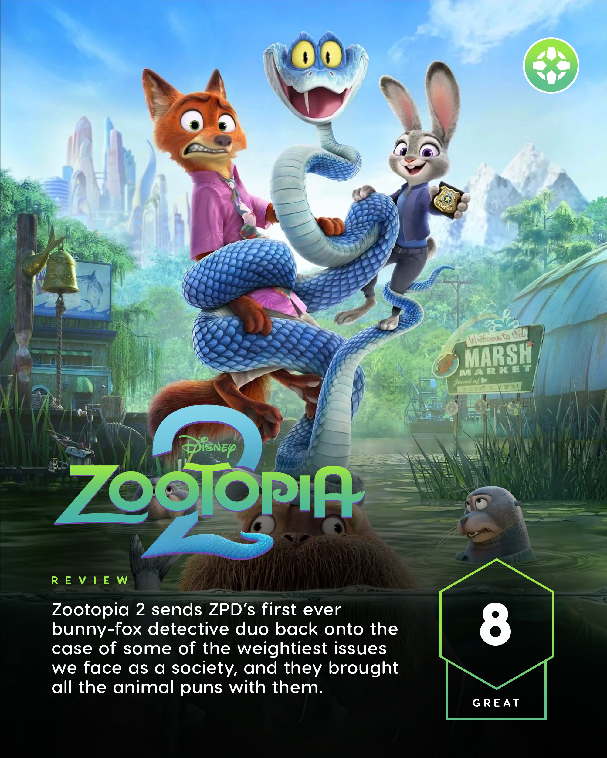 外媒 IGN 给今日上映的《疯狂动物城2》打出 8 分好评：“将动物城警局史上第