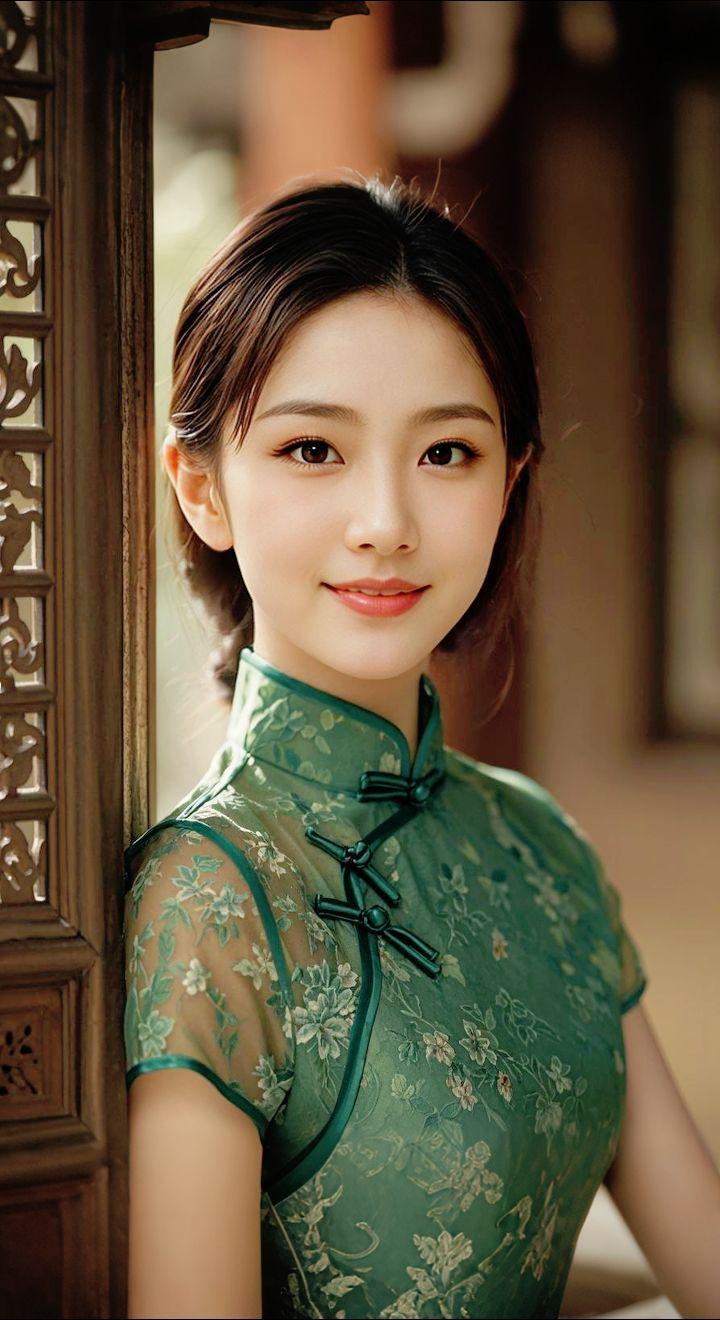 AI扩图 AI绿旗袍佳人