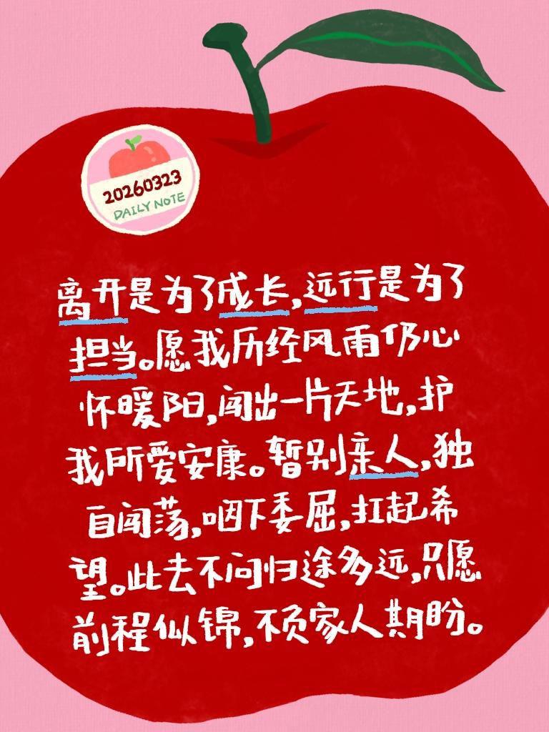 离开是为了成长，远行是为了担当。愿我历经风雨仍心怀暖阳，闯出一片天地，护我所爱安