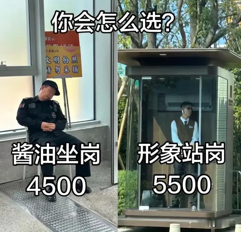 假如有一天你要在这两个工作中选择，你是会选择酱油坐岗4500/月，还是形象站岗5