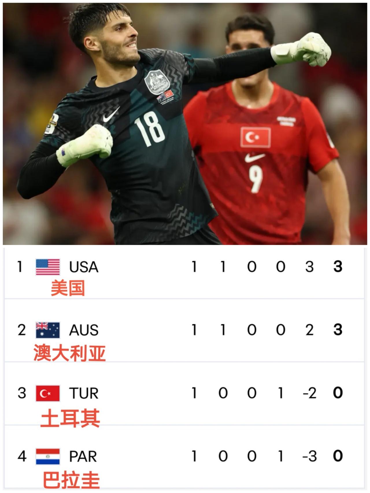 随着澳大利亚2-0战胜土耳其，世界杯D组最新积分榜出炉！东道主美国队以净胜球优势