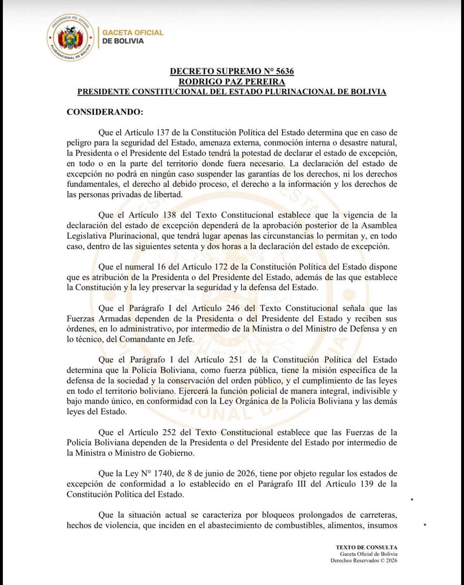 🇧🇴❗玻利维亚的新自由主义政府今日宣布进入“紧急状态”，并命令军队镇压所有罢