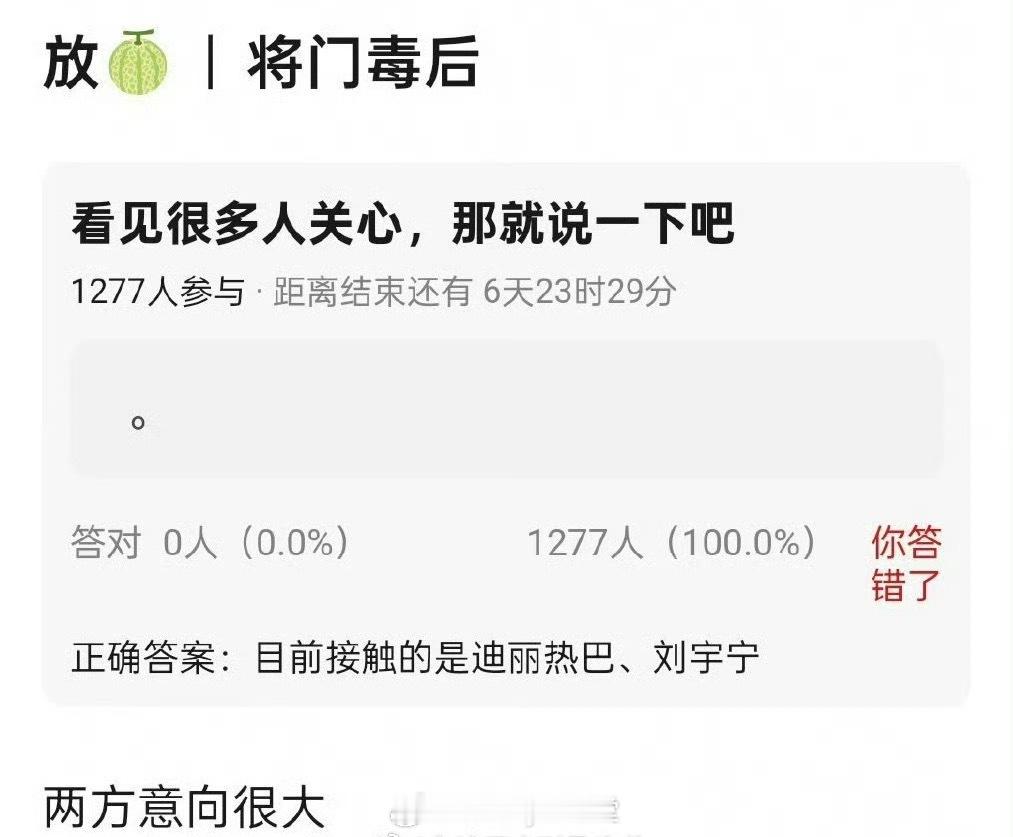 瓜主都在说《将门独后》主演阵容接触的是刘宇宁、迪丽热巴，而且双方的意向都很大！这