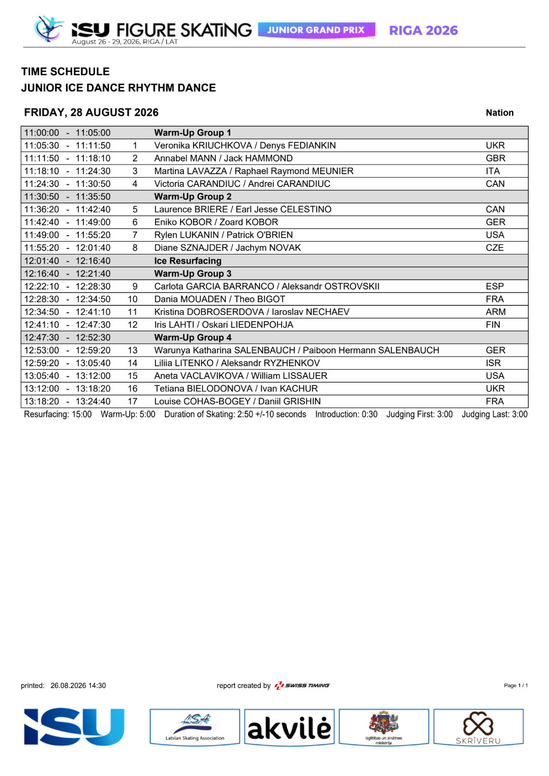 2026jgp拉脱维亚站 jgp拉脱维亚站冰舞抽签结束，冰舞韵律舞出场顺序如下，