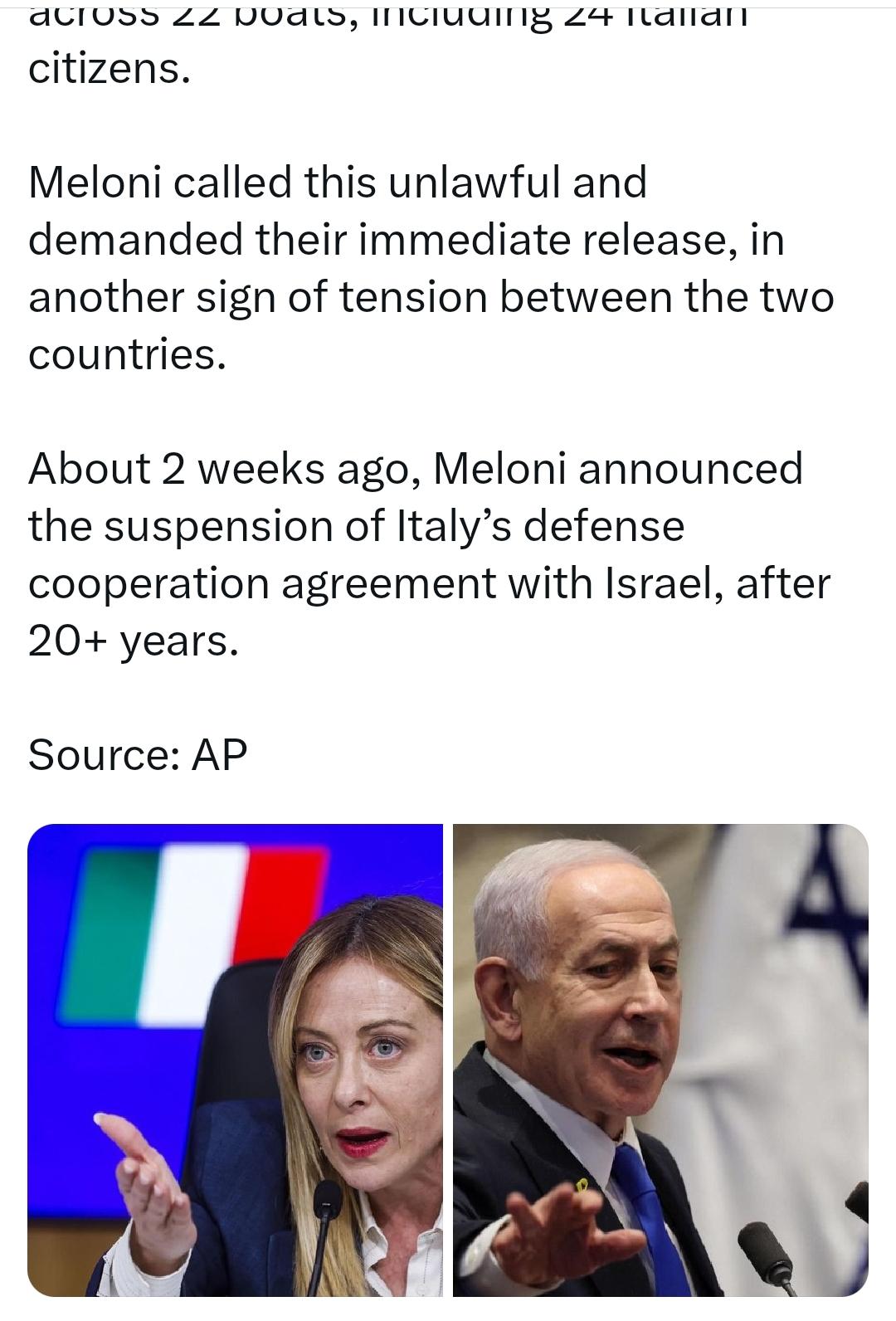 意大利总理梅洛尼因一艘被扣押的船队事件而加剧了与以色列之间的紧张关系，该事件发生