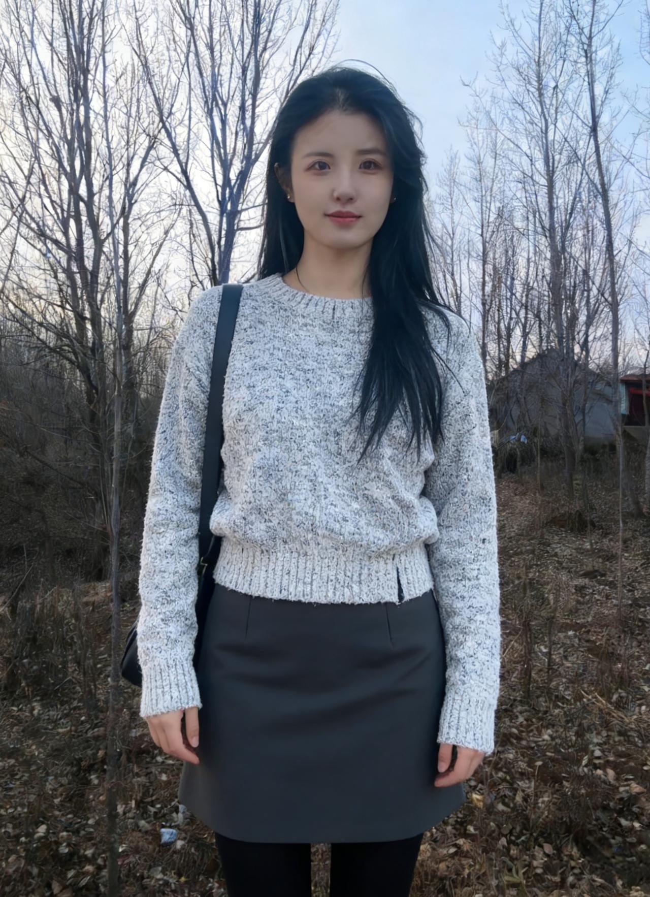 风掠过枯树的枝桠，也拂过你垂落的长发
灰白花纹的绒线，裹着一捧温柔的晚霞
青石铺