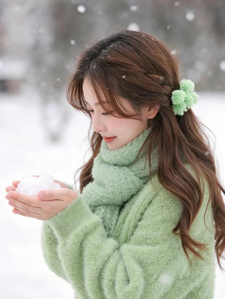 冬日暖阳下少女捧雪球
温柔如画