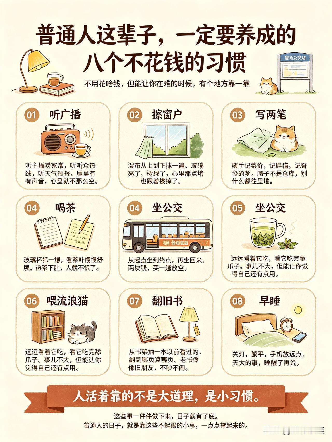 一定要养成的下面这八个不花钱的习惯。

第一，听广播。
不用非听什么大道理，就听