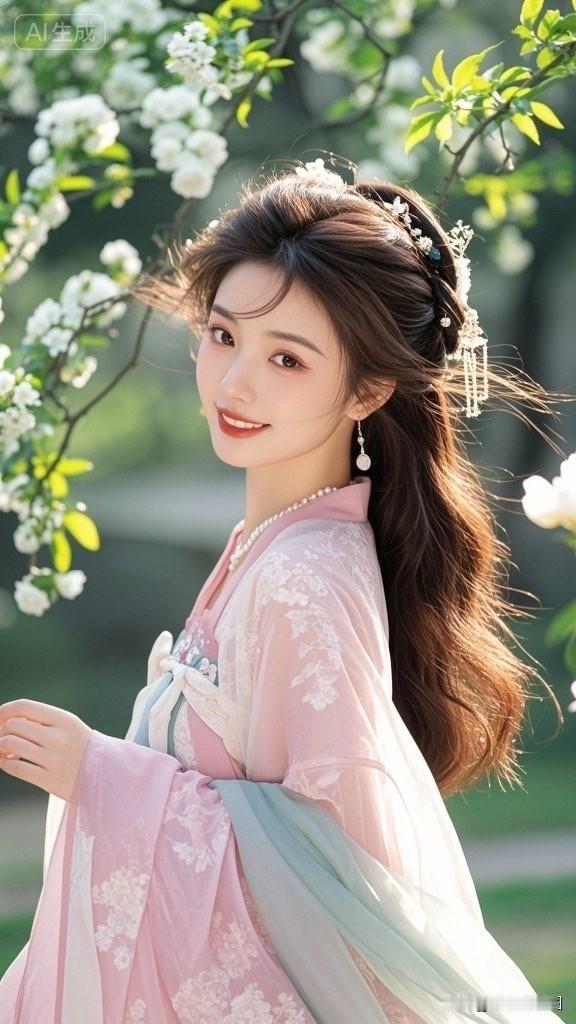 温婉古风少女，笑靥如花，宛如画中人。