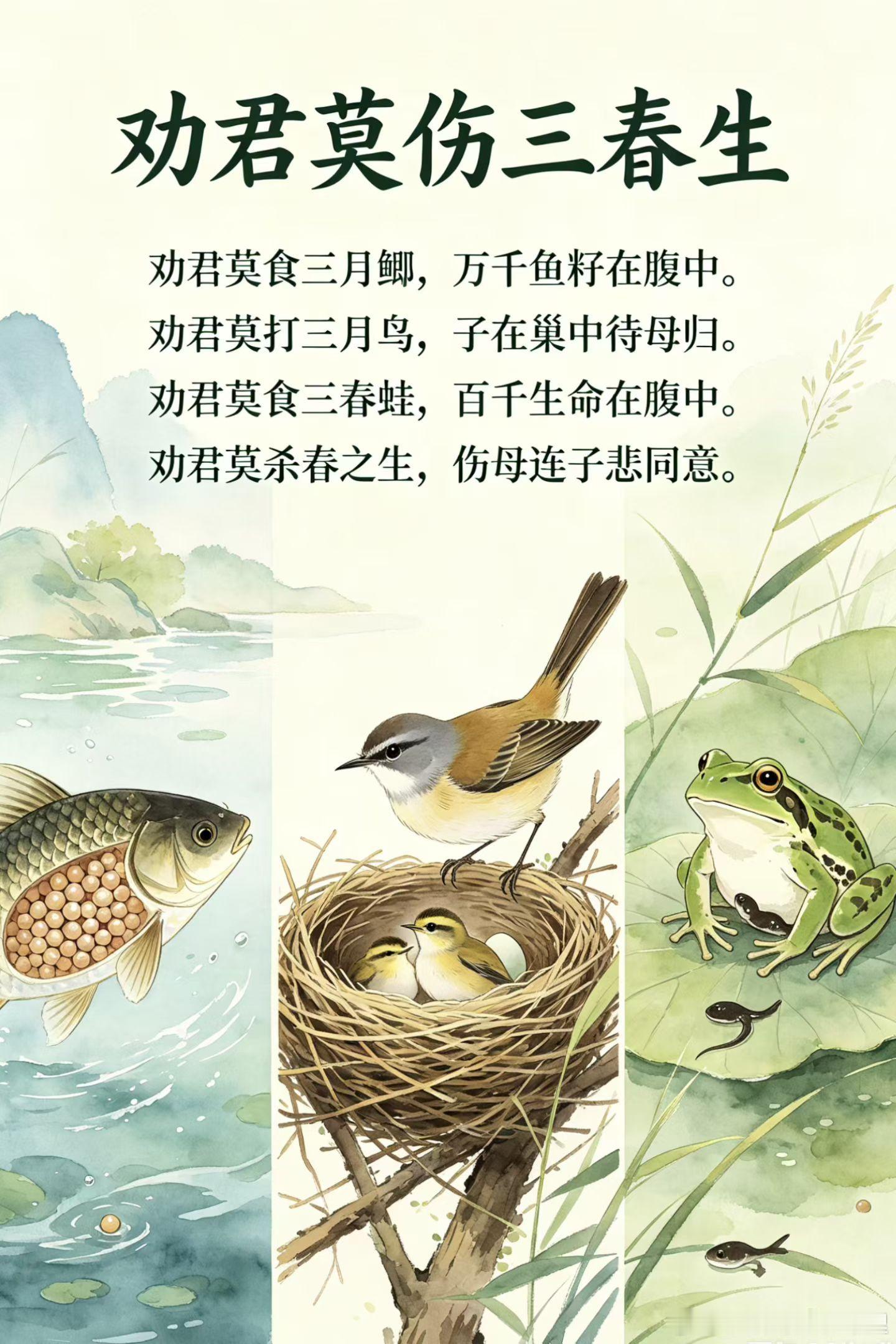 阳春三月，万物孕育生机，鱼怀千籽，雏鸟盼归，生灵皆有存续之望。切莫因口腹之欲，斩