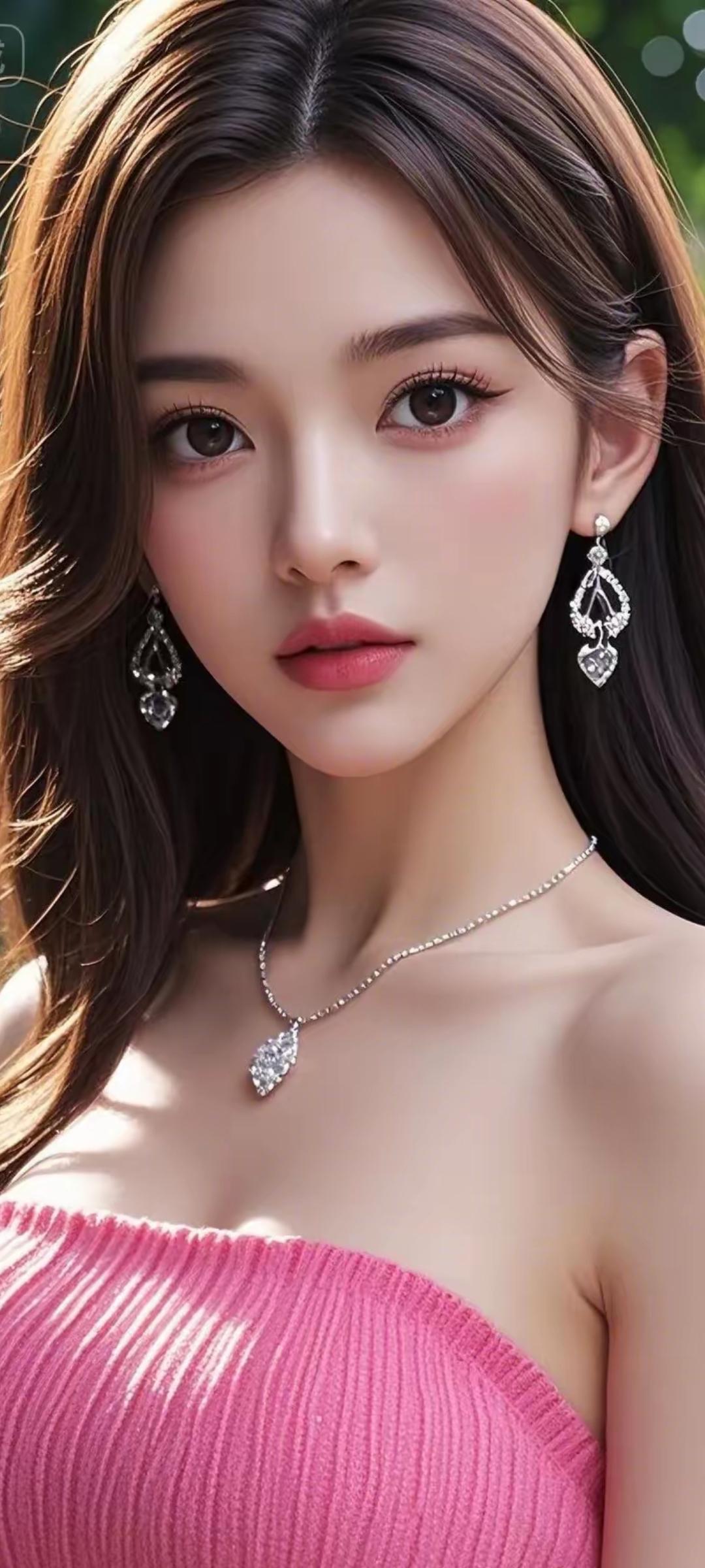 甜美少女风，粉色吊带裙，闪闪发光的耳环和项链，温柔可人！💖✨