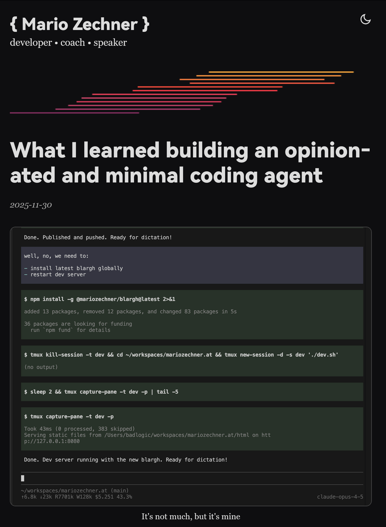 Mario Zechner 写了一篇文章记录他从零开始构建一个极简、高度可控且偏