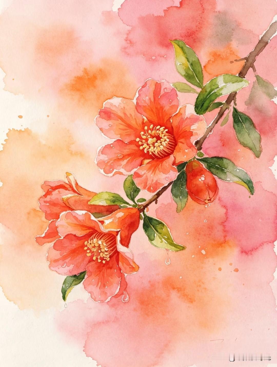 水彩石榴花，满满夏日氛围感
清澜水彩花卉治愈系插画分享
水彩花绘画 水彩石榴花