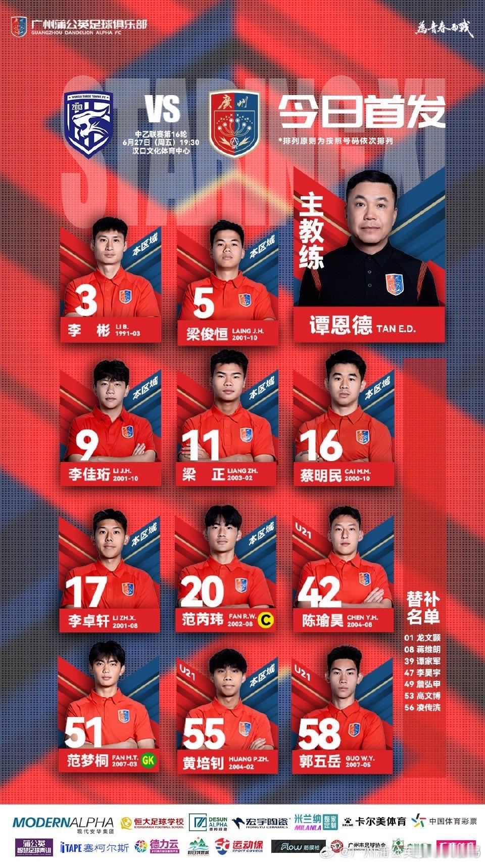 首发出来了！广州蒲公英德桦绿建这场客场硬仗继续用小范首发，期待他的表现：近期发挥