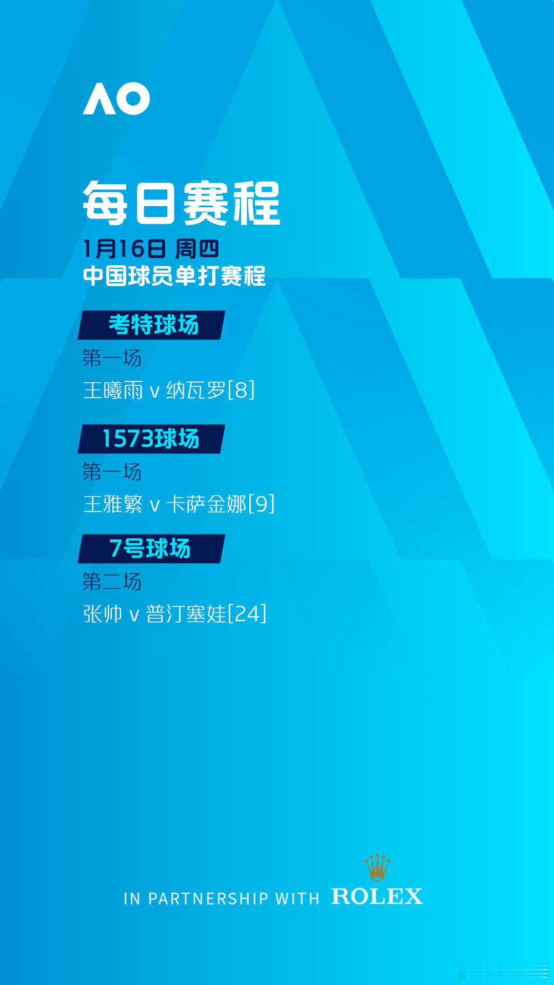 澳网2025  中国选手今日赛程单打次轮王曦雨 VS 纳瓦罗王雅繁 VS 卡萨金