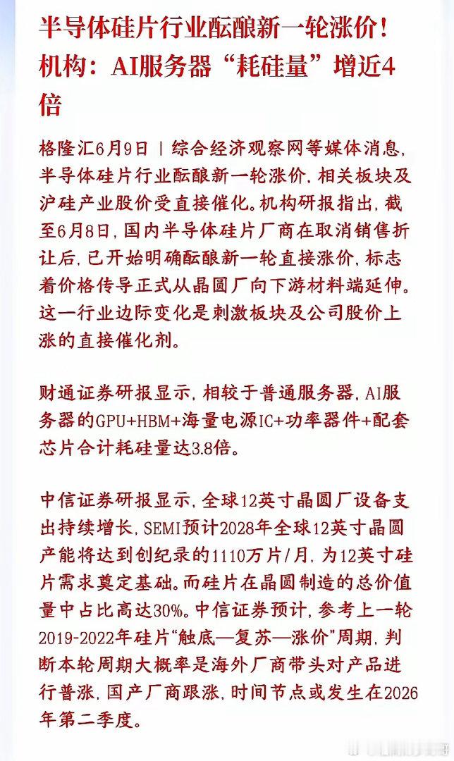 又是科技股的利好消息，半导体行业酝酿新一轮涨价，明天科技股稳了硅片是做芯片的“硅