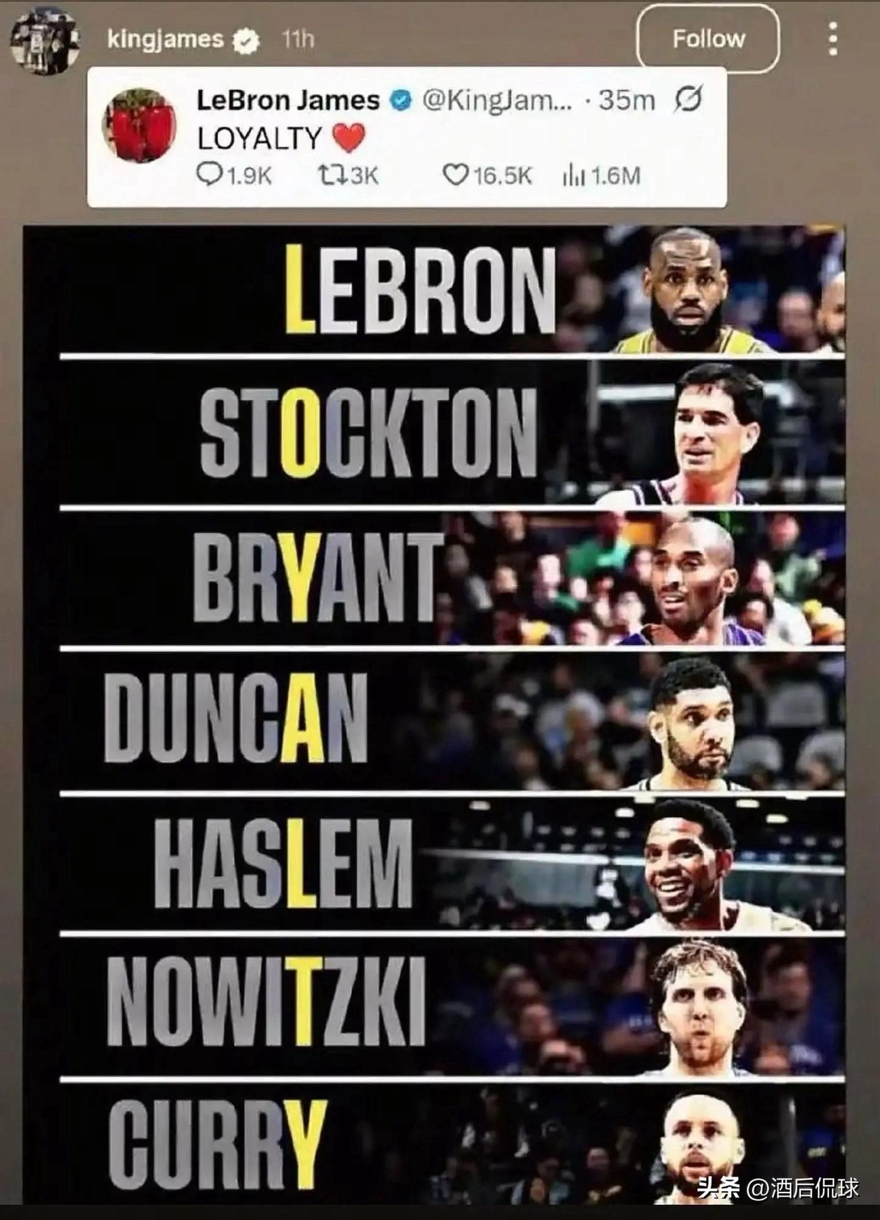 詹姆斯发布动态：自己也是忠诚的一员,首字母是L! 老詹啊老詹，不是我不说你，这热