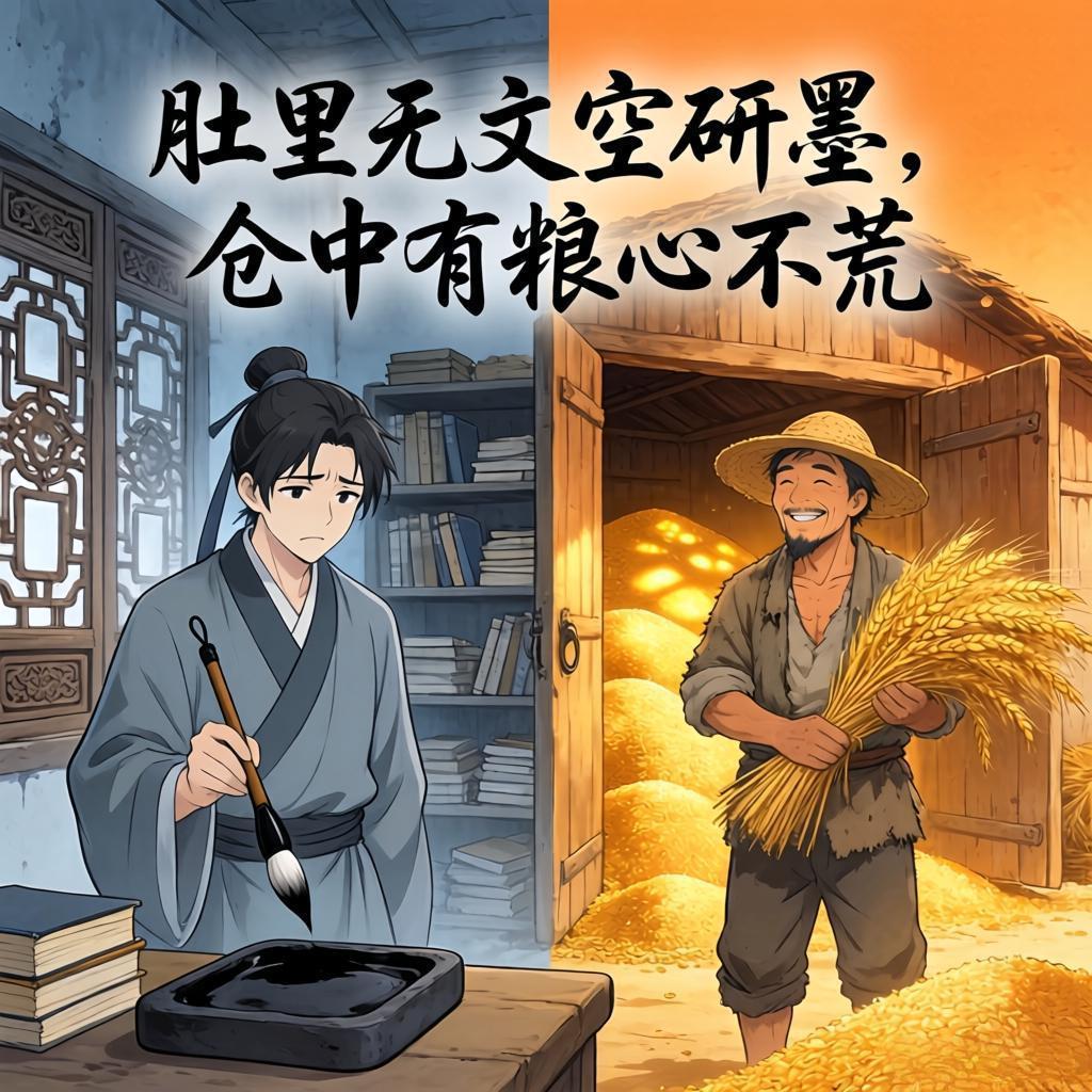 上联：肚里无文空研墨
下联：仓中有粮心不慌
