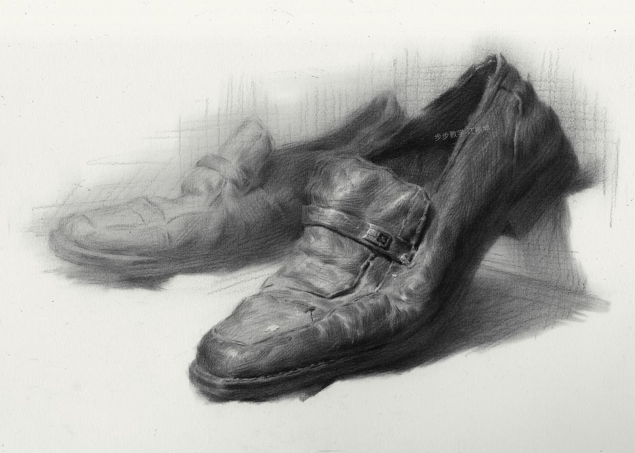 画一双素描皮鞋，质感与虚实空间表现。请点赞收图学习