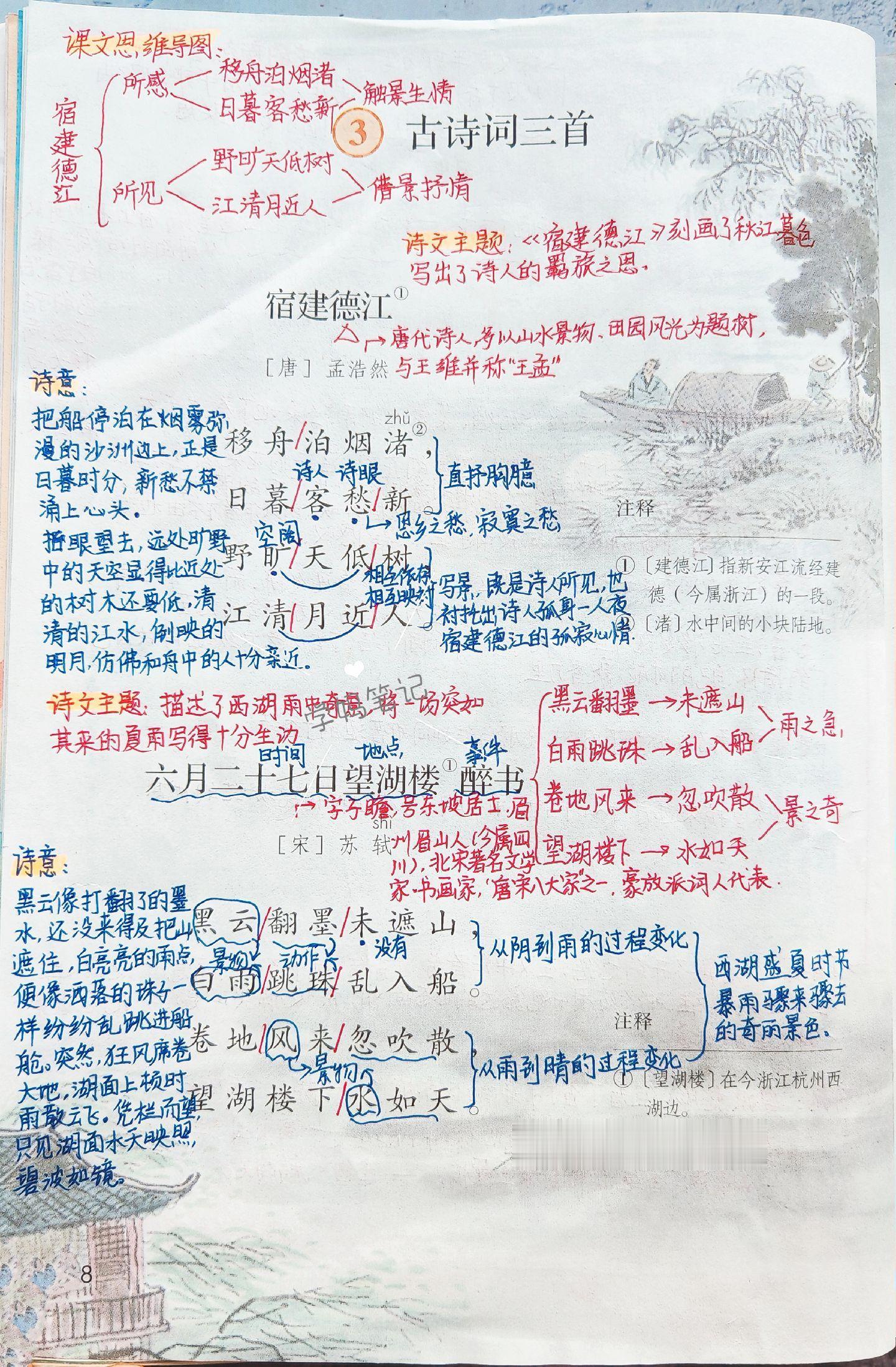 六上语文课堂笔记-3。3《古诗三首》— 《宿建德江》刻画了秋江暮色，写...